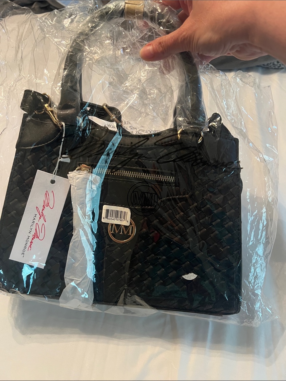 Marilyn Monroe Black Quilted Satchel with Gold MM Emblem - Picture 4 of 4
